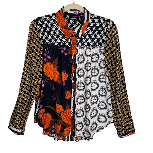 Maeve Anthropologie The Paz Mixed Print Blouse Medium Floral Clockwork Button Up - Picture 1 of 11